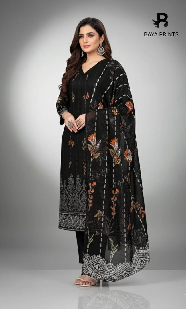 3 Piece Unstitched Printed Viscose Suit With Bamber Chiffon Dupatta - BA-V1-008 Hover Image