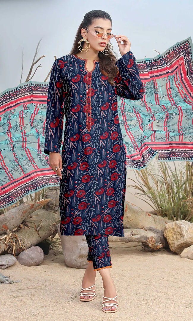 3 Piece Unstitched Printed Lawn Suit With Bamber Chiffon Dupatta - BA-V-31 -3 Hover Image