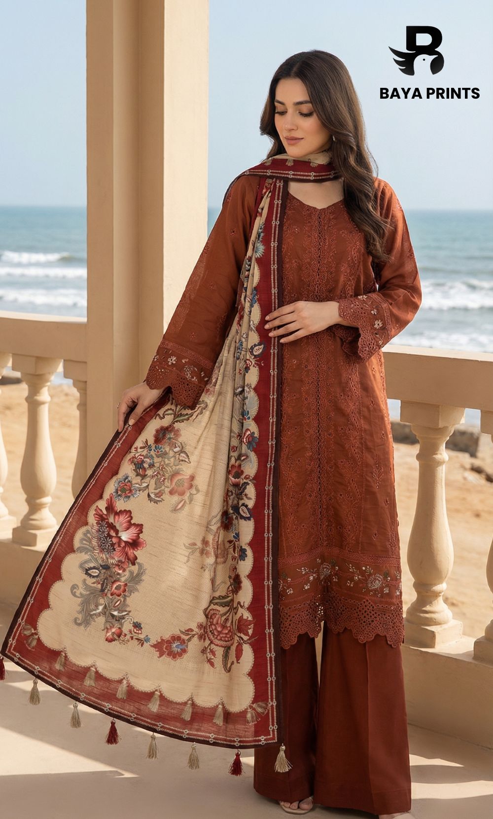 3-Piece Unstitched Luxury Embroidered Lawn Suit - Nutmeg