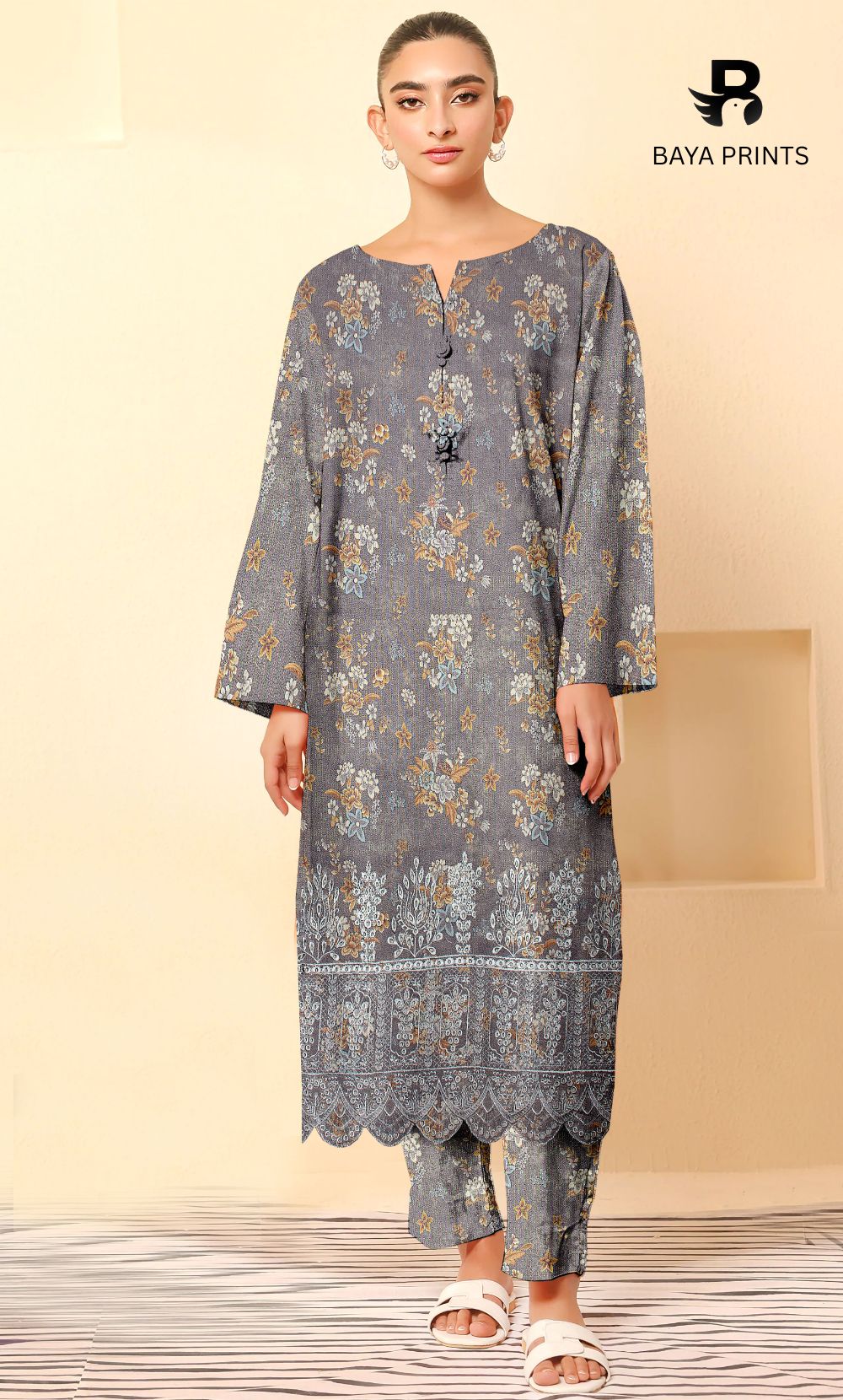 2-Piece Unstitched Dhanak Printed Suit with Embroidered Border-DE-V1-18