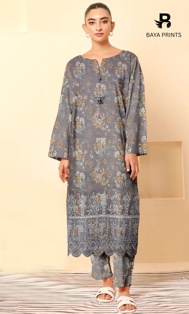 2-Piece Unstitched Dhanak Printed Suit with Embroidered Border-DE-V1-18 Hover Image