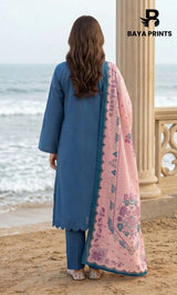3-Piece Unstitched Luxury Embroidered Lawn Suit - Light Navy Blue