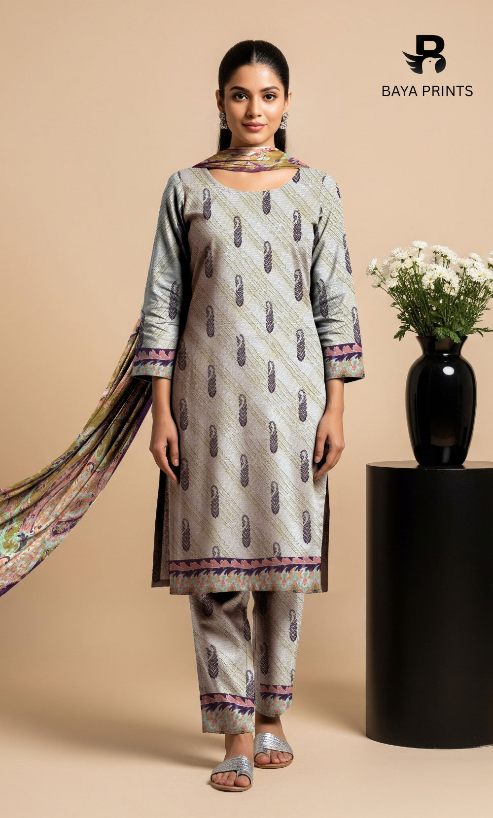 3 Piece Unstitched Printed Doria Viscose Suit with Bamber Dupatta BA-V7-006