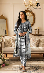 3 Piece Unstitched Printed Doria Viscose Suit with Bamber Dupatta BA-V7-012