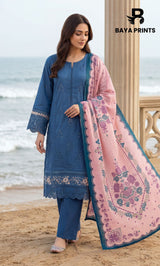 3-Piece Unstitched Luxury Embroidered Lawn Suit - Light Navy Blue