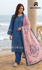 3-Piece Unstitched Luxury Embroidered Lawn Suit - Light Navy Blue