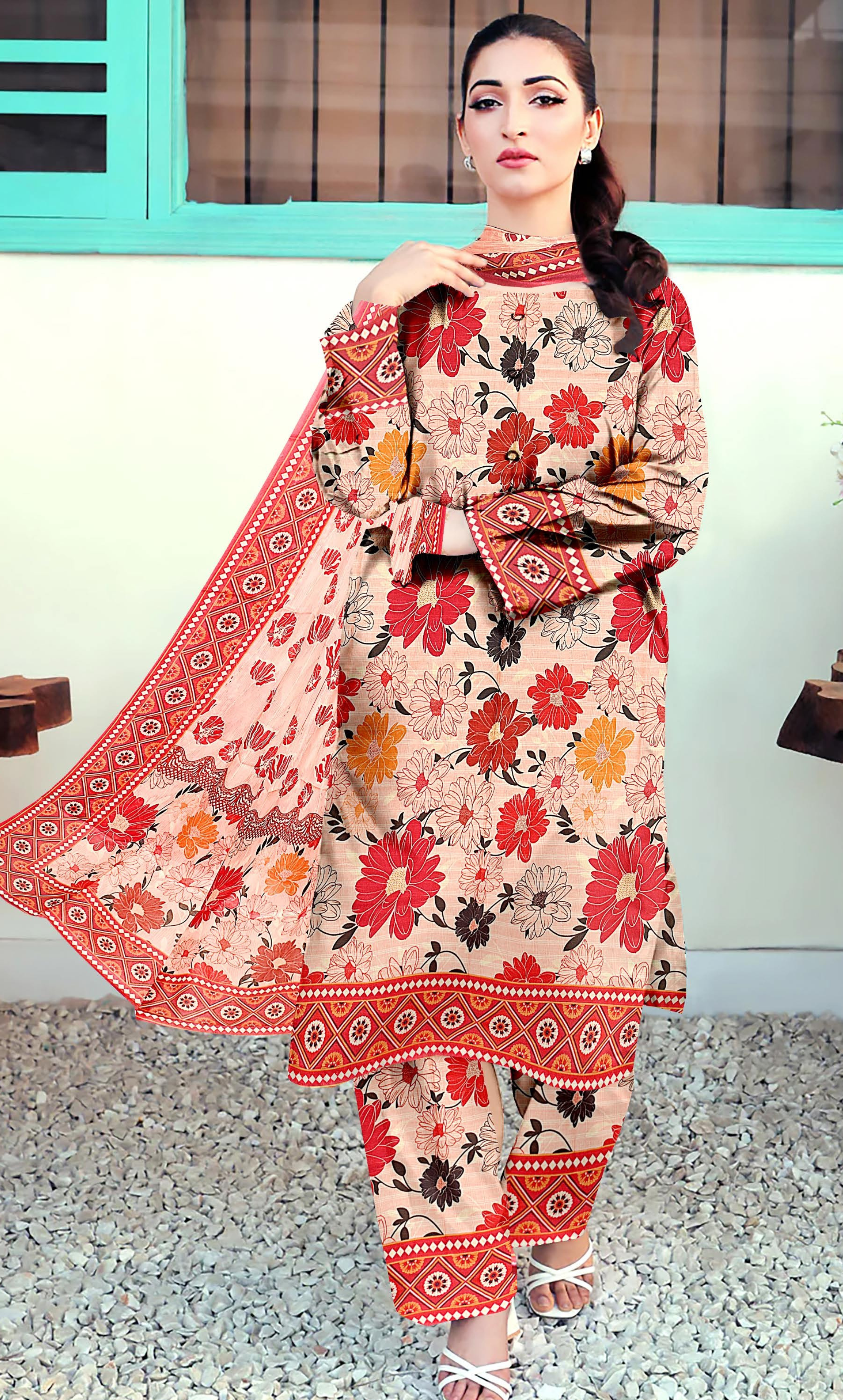 3 Piece Unstitched Printed  Dobby Lawn Suit -BA-V17-03