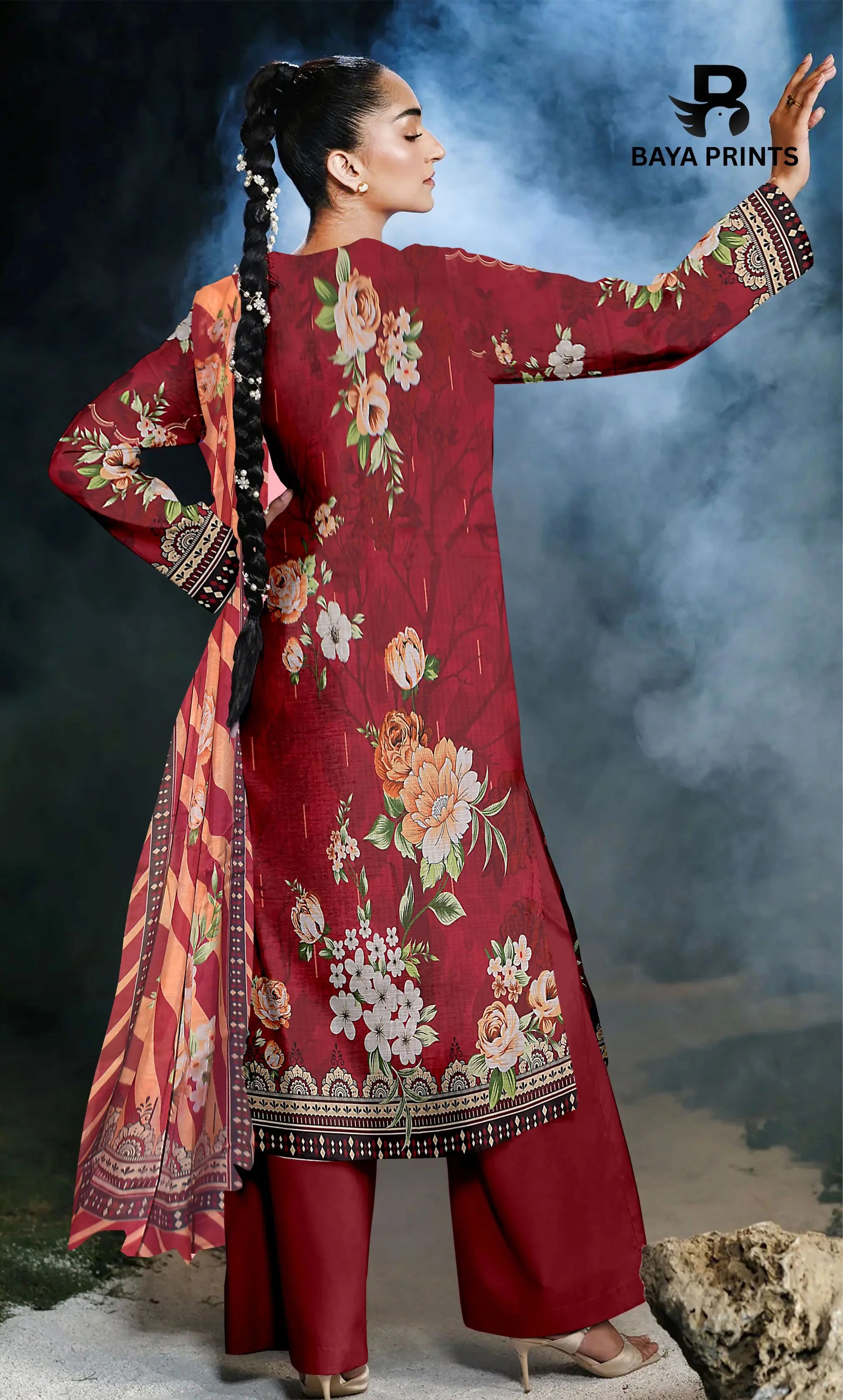 3 Piece Unstitched Printed Dobby Lawn Suit With Resham Dupatta -BA-V34