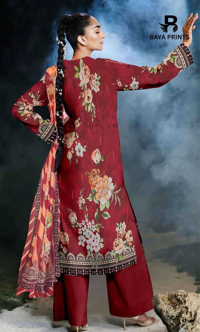 3 Piece Unstitched Printed Dobby Lawn Suit With Resham Dupatta -BA-V34 Hover Image