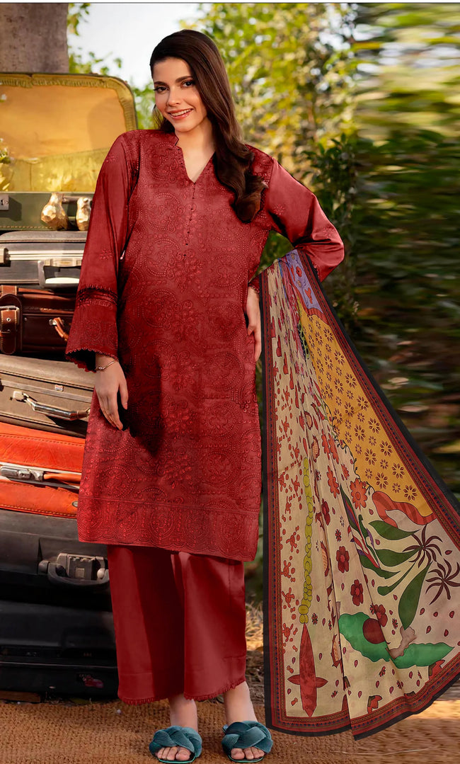3PC Luxury Embroidered Unstitched Lawn Suit - ZED-V3-02 Hover Image