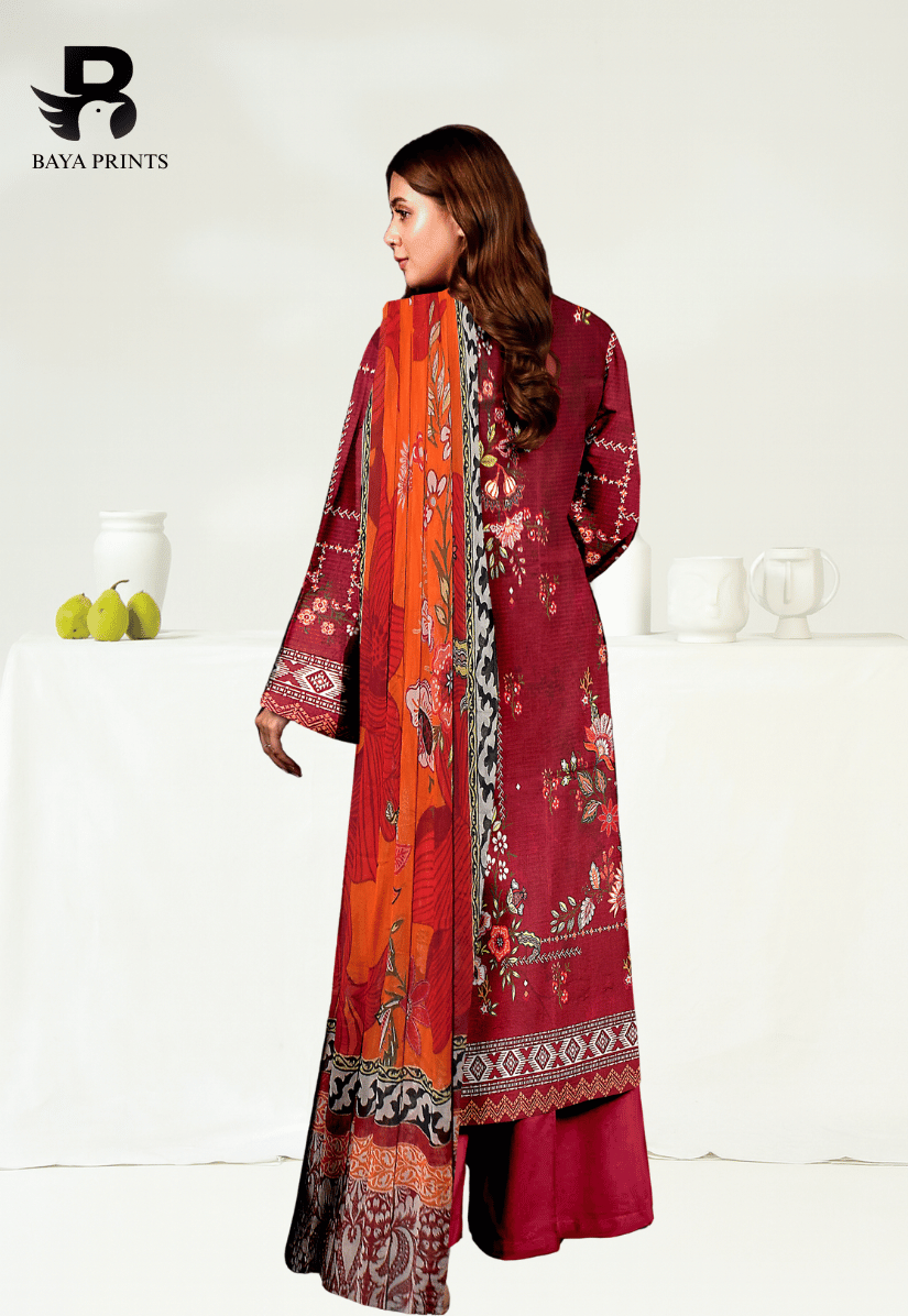 3 Piece Unstitched Printed Viscose Suit With Bamber Chiffon Dupatta - BA-V1-005