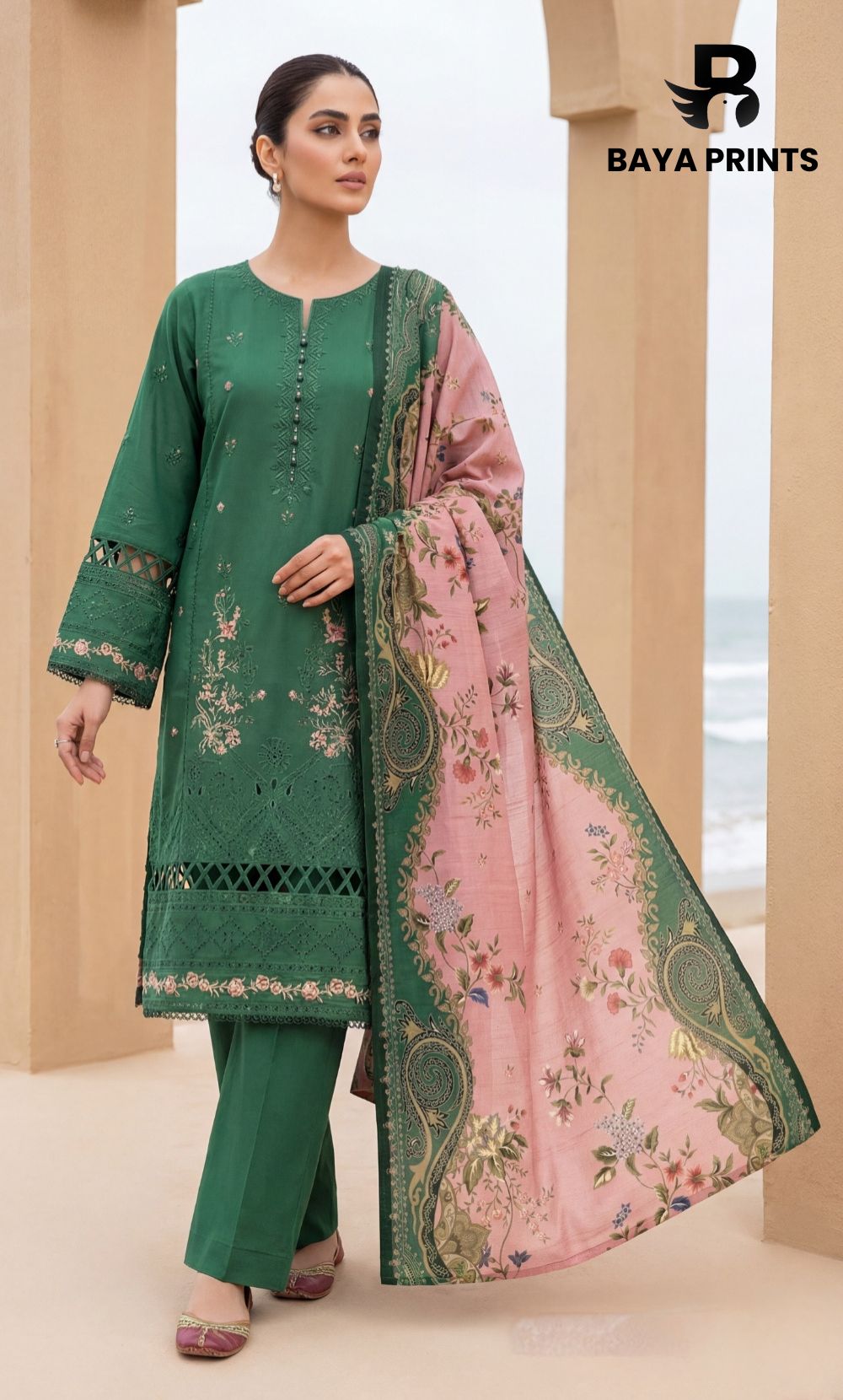3-Piece Unstitched Luxury Embroidered Lawn Suit - Mineral Green