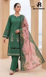 3-Piece Unstitched Luxury Embroidered Lawn Suit - Mineral Green
