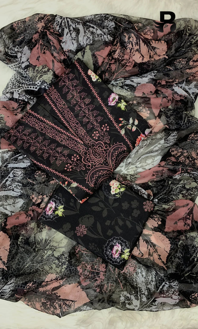 3 Piece Unstitched Printed Doria Viscose Suit with Bamber Dupatta BA-V7-011 Hover Image