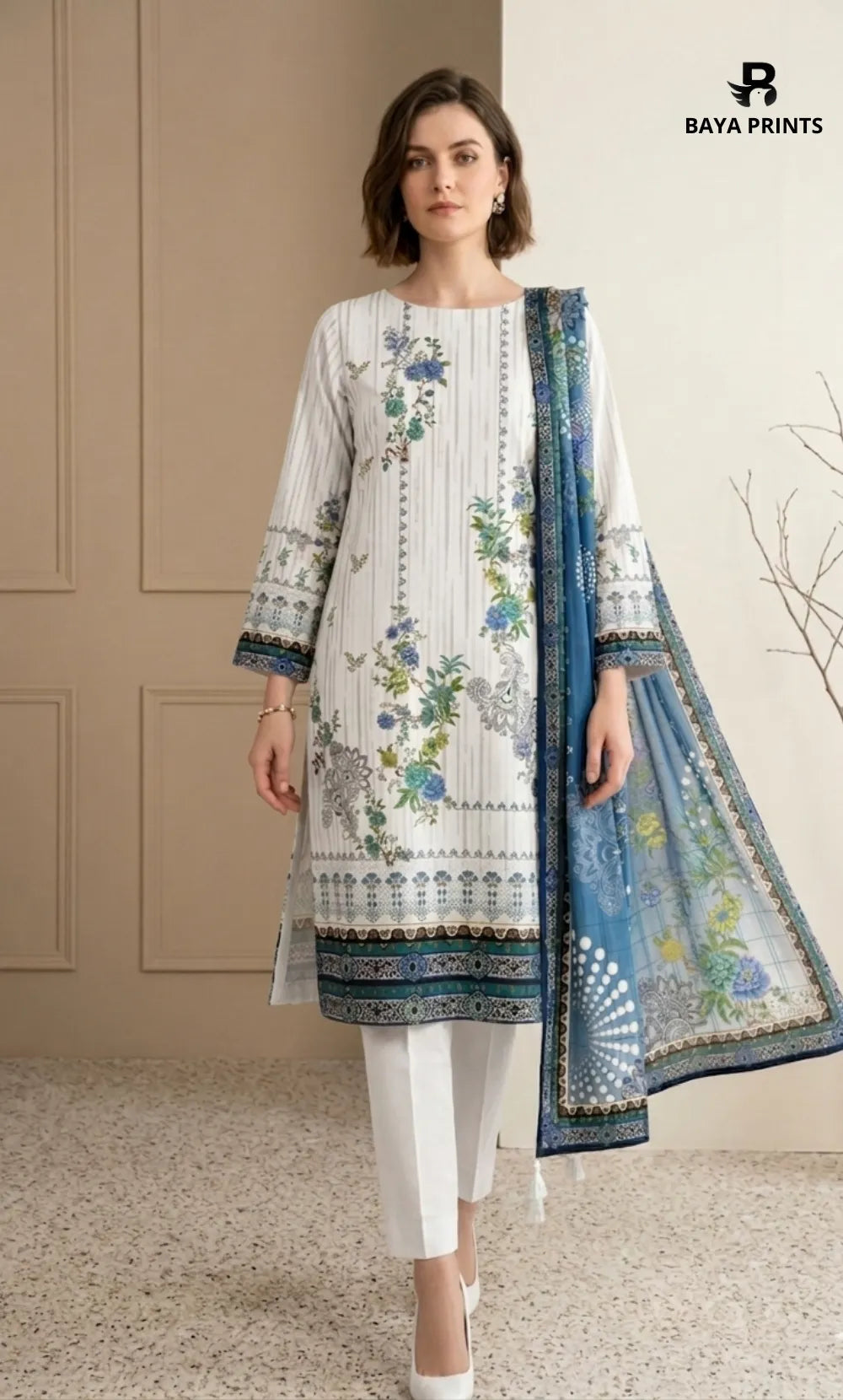 3PC Printed Lawn | Unstitched |  M.B