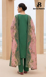 3-Piece Unstitched Luxury Embroidered Lawn Suit - Mineral Green