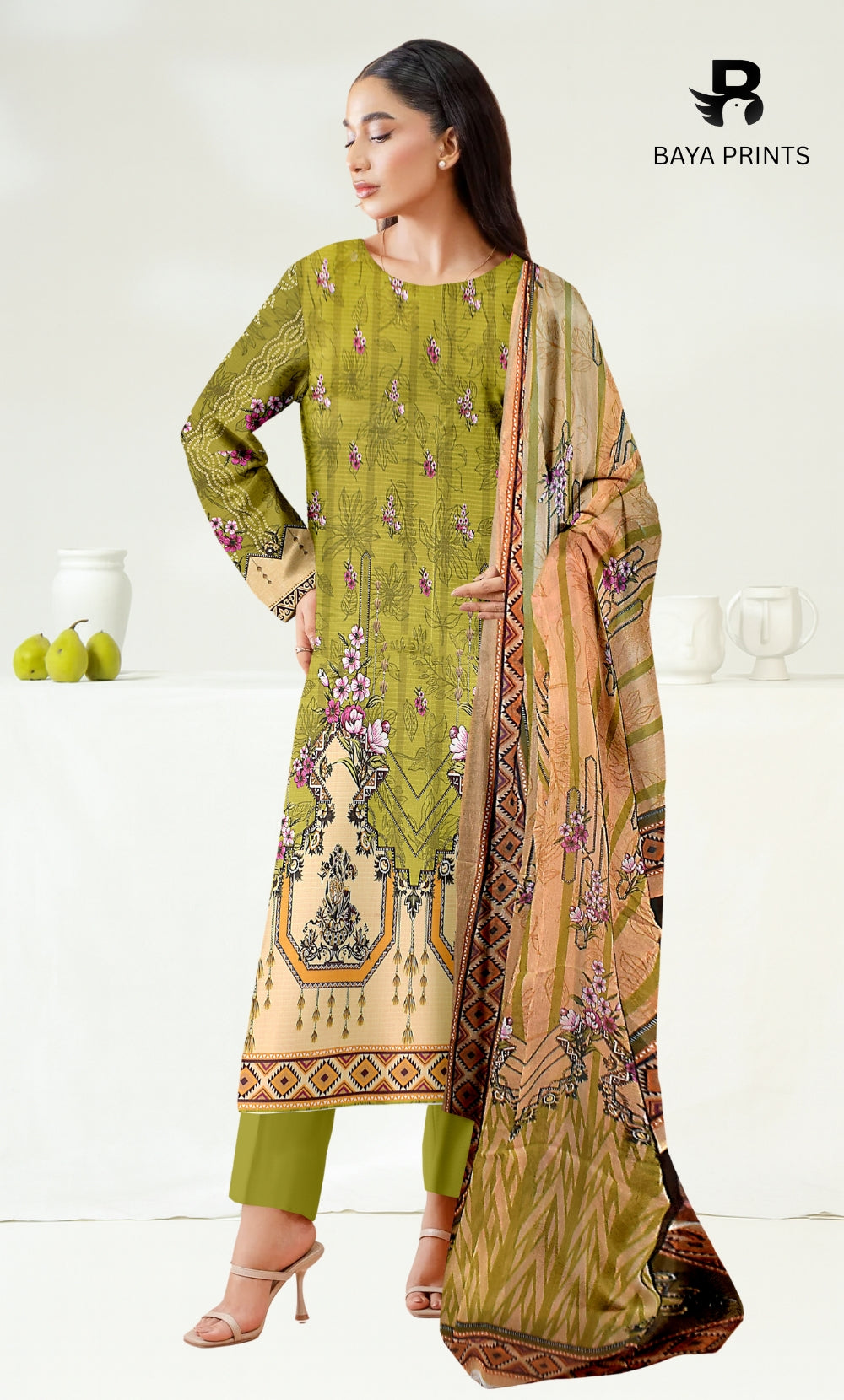 3 Piece Unstitched Printed Viscose Suit With Bamber Chiffon Dupatta - BA-V1-002