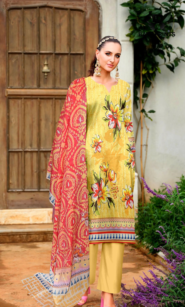 3 Piece Unstitched Printed Dobby Lawn Suit With Resham Dupatta -BA-V34 Hover Image