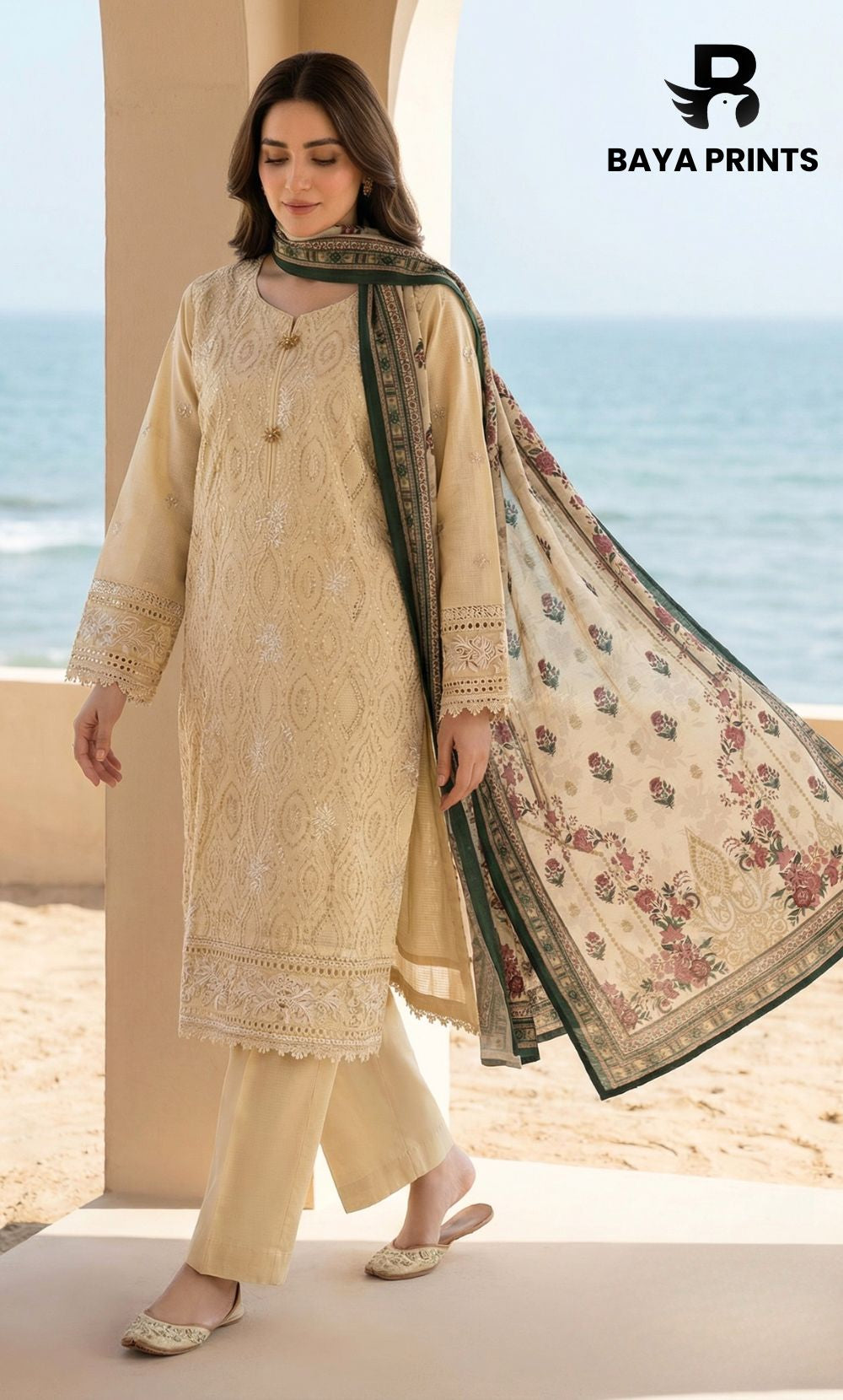 3-Piece Unstitched Luxury Embroidered Lawn Suit - Desert Sand