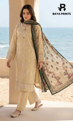 3-Piece Unstitched Luxury Embroidered Lawn Suit - Desert Sand