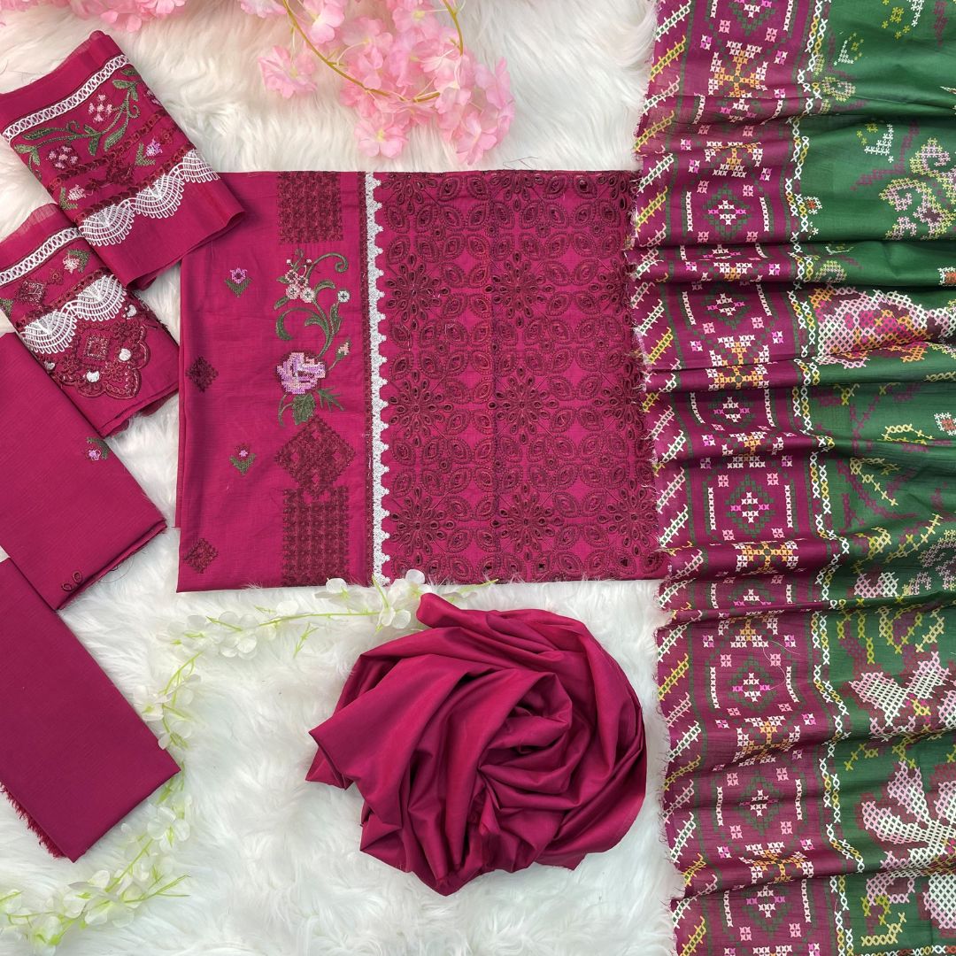 3-Piece Unstitched Luxury Embroidered Lawn Suit - Rich Maroon
