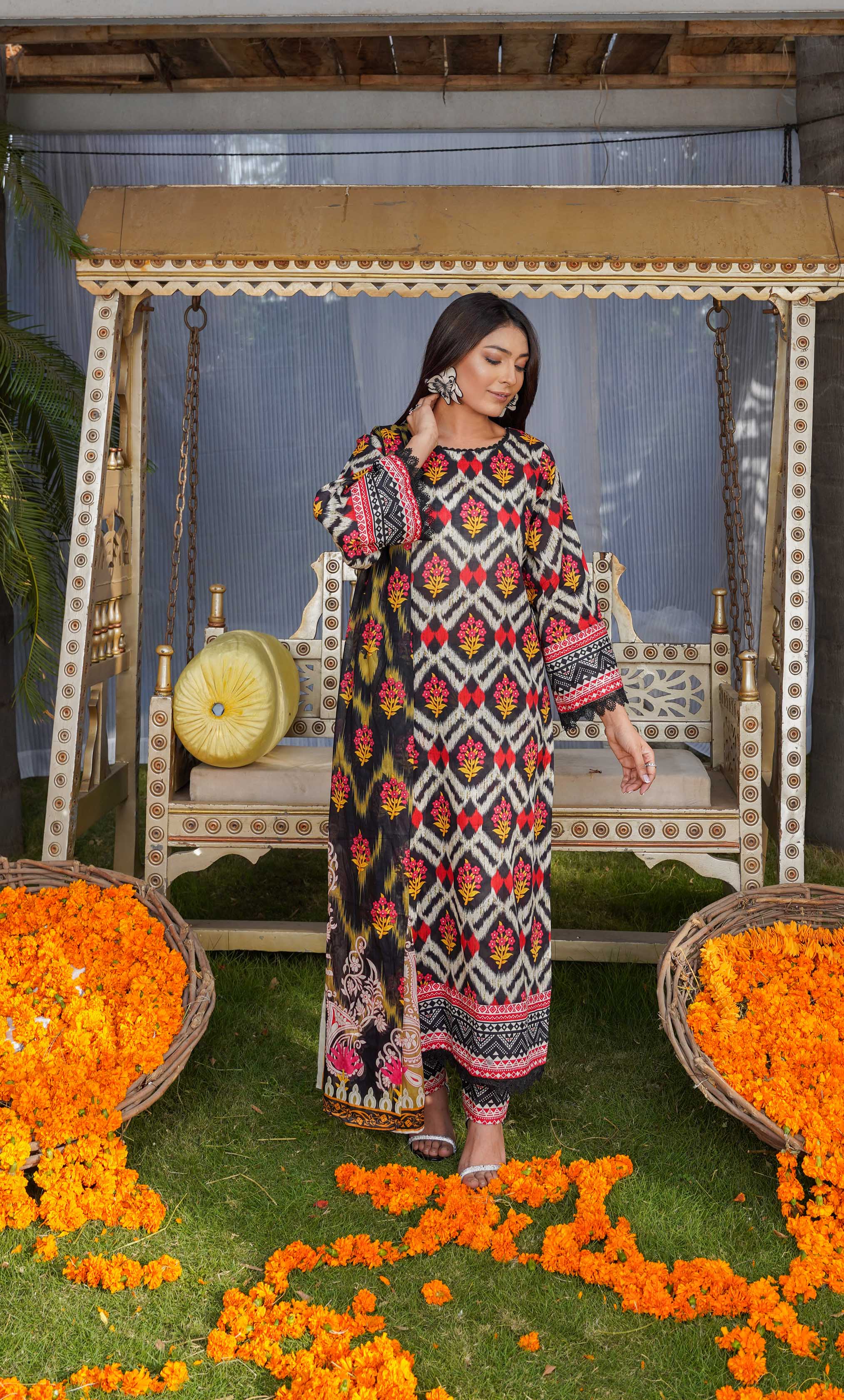 3 Piece Unstitched Printed  Dobby Lawn Suit -BA-V17-09