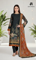 3 Piece Unstitched Printed Viscose Suit With Bamber Chiffon Dupatta - BA-V1-003